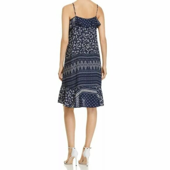 Vince Camuto Navy Ditsy Floral Liberty geometric Print ruffle midi dress S - Picture 2 of 16